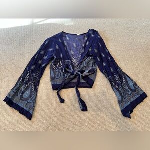 Navy Blue Paisley Tie-Front Cardigan